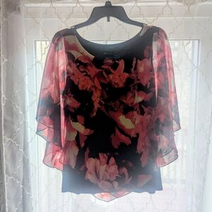 AB Studio Black Top with Pink Floral Sheer Overlay